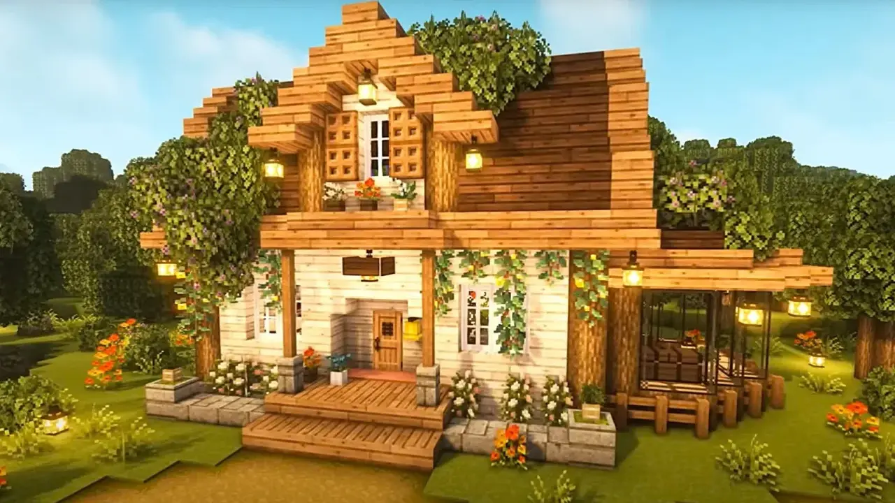 Uroczy, drewniany dom z Minecraft, otoczony zielenią i kwiatami. Idealny pomysł na dom w Minecraft dla miłośników natury.