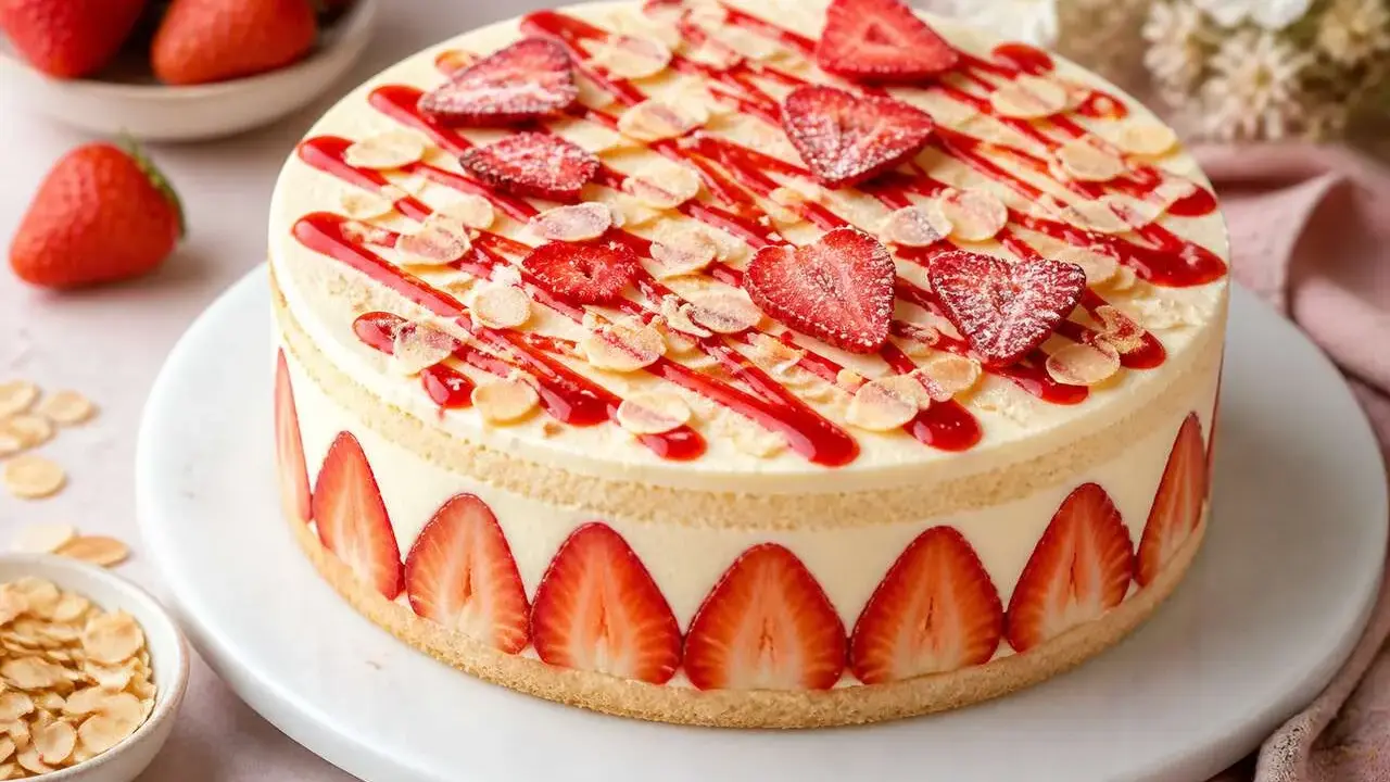 Gâteau génoise aux fraises facile, décoré de fraises fraîches, coulis rouge et amandes effilées. Un délice printanier !
