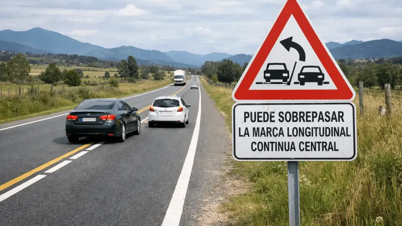 Señal de tráfico que indica que se puede rebasar la marca longitudinal continua central.