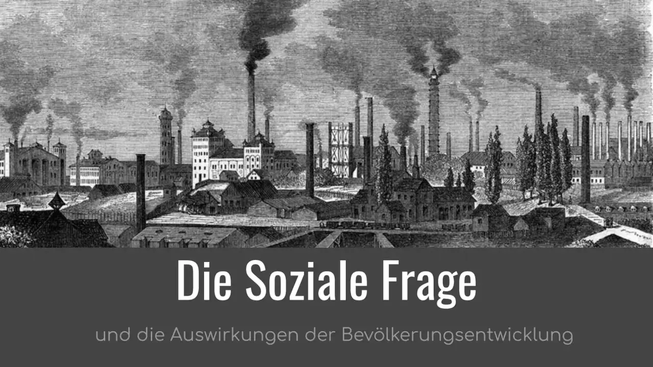 Dampfende Fabrikschlote über einer Stadt, die die soziale Frage und die Auswirkungen der Bevölkerungsentwicklung symbolisiert.