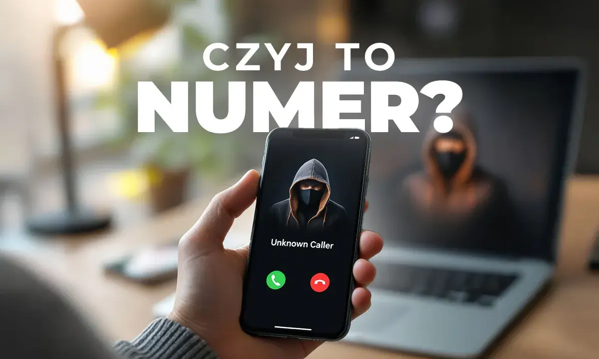 Czyj to numer? Na ekranie telefonu wyświetla się nieznany dzwoniący, a w tle sylwetka hakera.