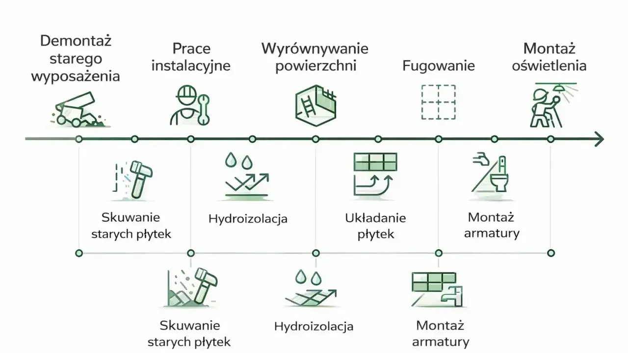 Schemat przebudowy starego domu: demontaż, instalacje, wyrównanie, fugowanie, montaż płytek, armatury i oświetlenia.
