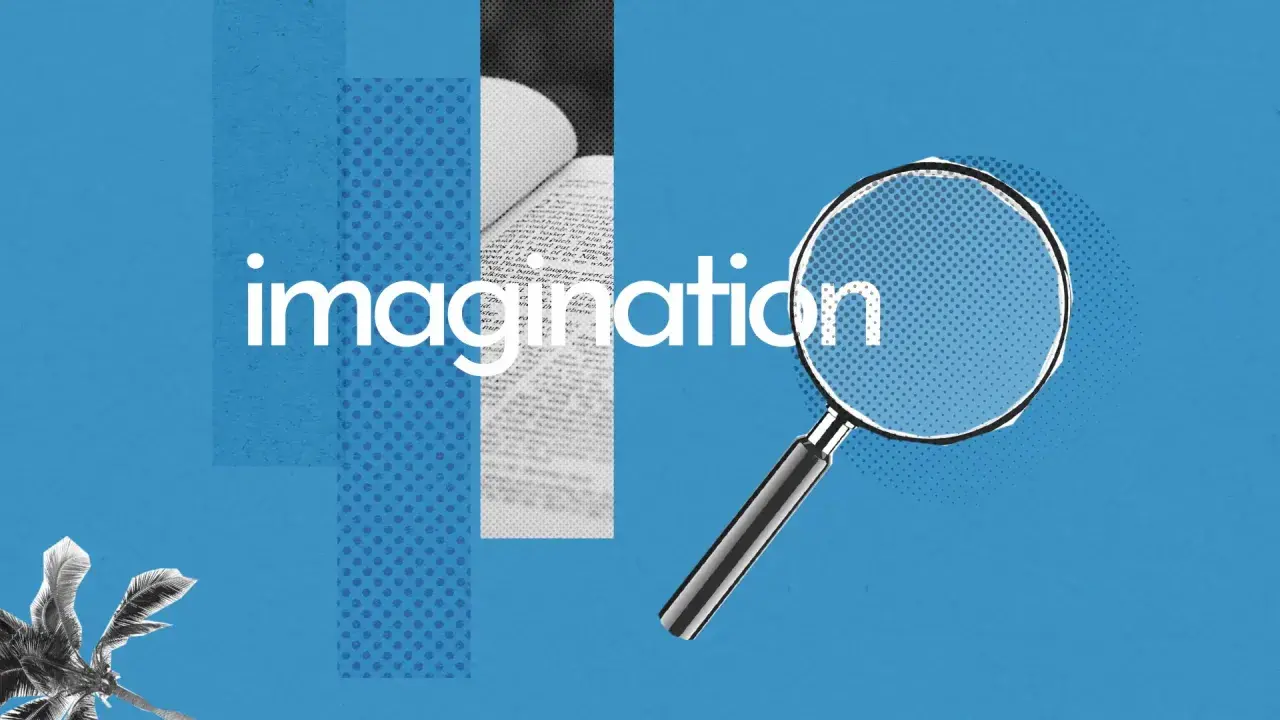 Loupe examinant le mot "imagination" sur un livre ouvert, un palmier en bas à gauche. Un synonyme d'imagination.
