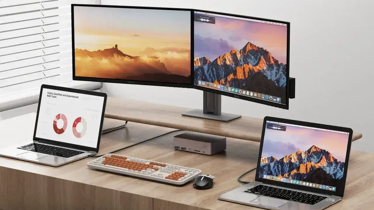 Dwa monitory i dwa laptopy na biurku. Dowiedz się, jak podłączyć dwa monitory do laptopa z jednym HDMI, używając stacji dokującej.
