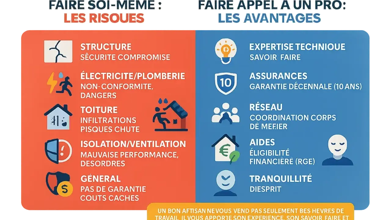 Comparaison des risques du bricolage et des avantages de faire appel à un professionnel pour la rénovation maison ancienne.