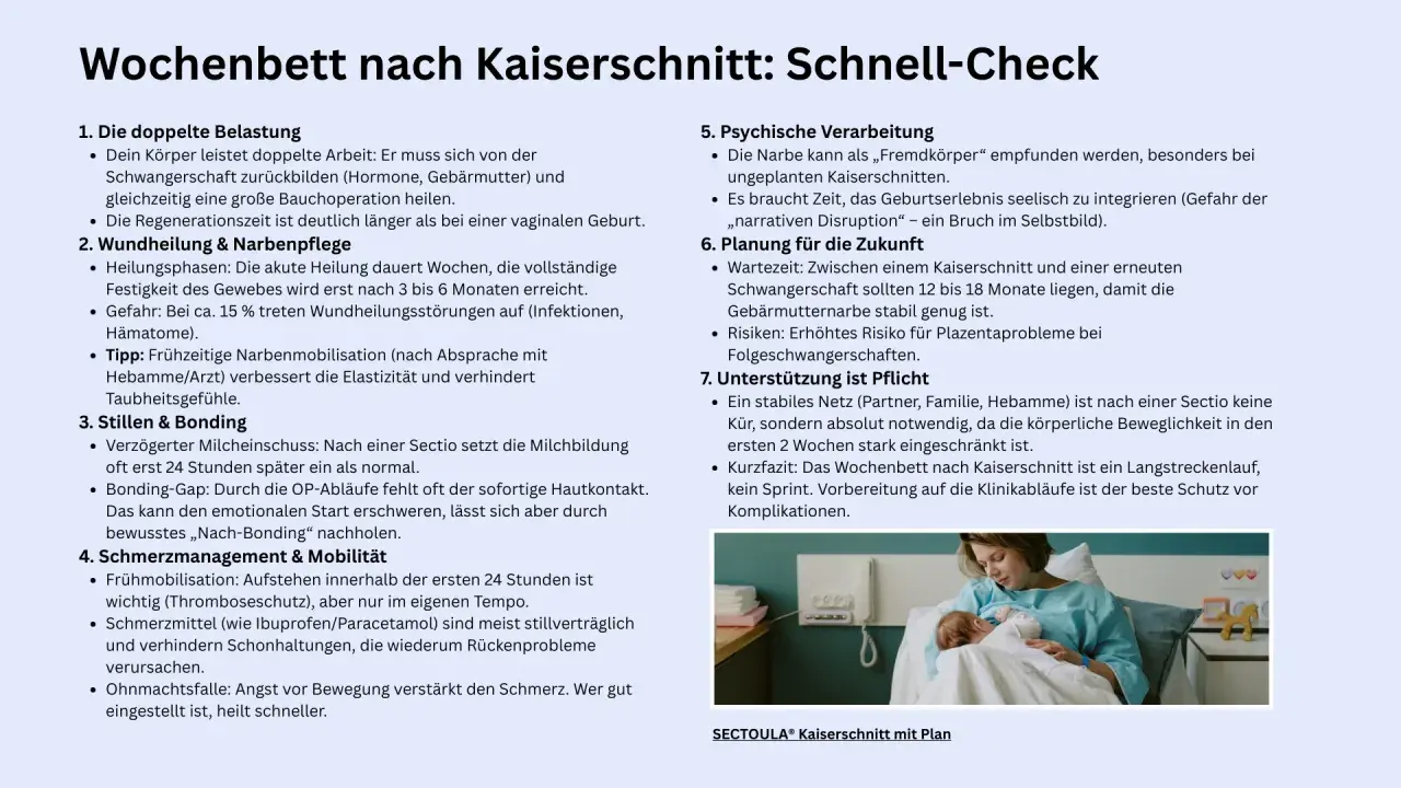 Eine Mutter hält ihr Neugeborenes im Arm. Der Text thematisiert das Wochenbett nach Kaiserschnitt und die damit verbundenen **Hormone nach Geburt**.