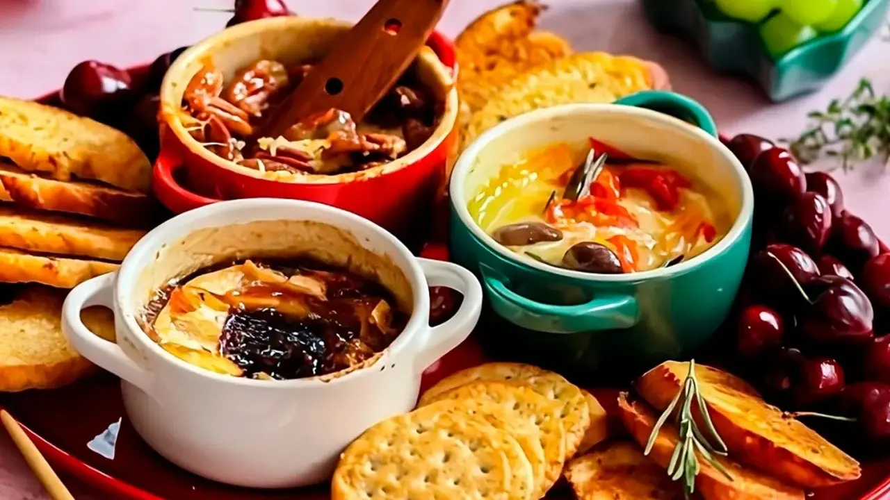 Drei kleine Auflaufförmchen mit geschmolzenem Camembert, garniert mit Nüssen, Tomaten und Kräutern, serviert mit Brot und Kirschen.