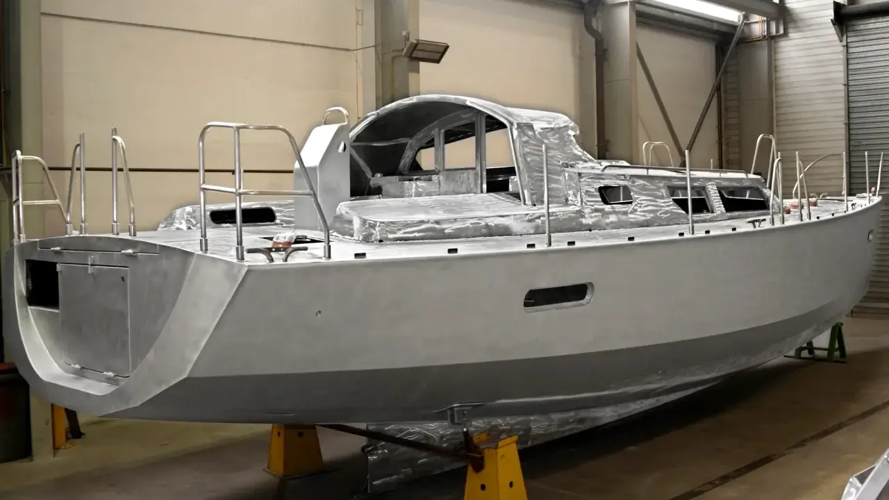 Bateau en aluminium en construction, prêt à affronter l'eau de mer.
