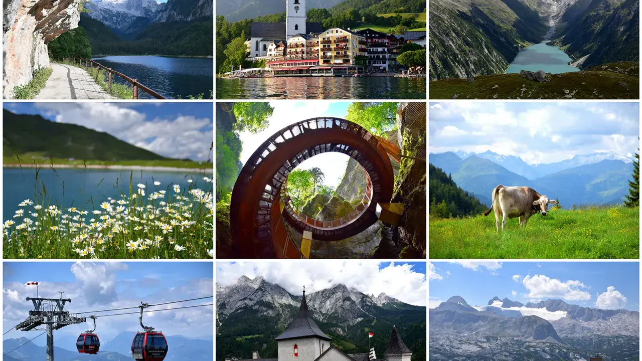 Malownicze **austria widoki**: jezioro, miasteczko, góry, krowa na łące, kolejka linowa, zamek i spiralne schody.