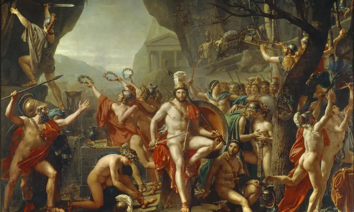Krieger und Bürger feiern Siege. Ein Mann mit Lorbeerkranz, wie ein Gesetzgeber Spartas, hält ein Schwert.