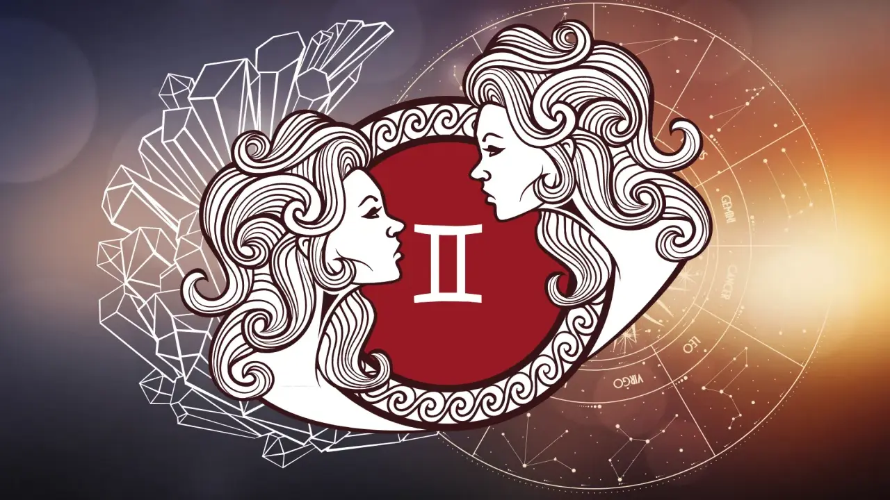 Dwie twarze symbolizujące panna znak zodiaku, otoczone kryształami i kołem zodiaku.