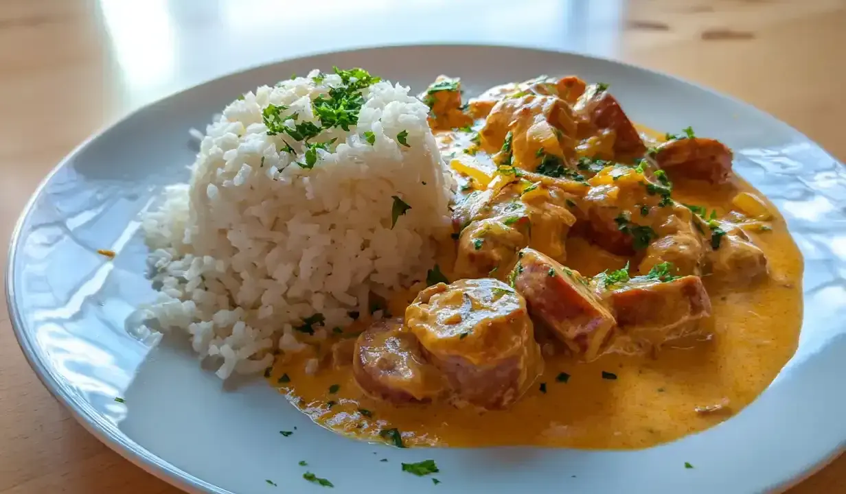 En portion krämig korvstroganoff med ris, toppad med färsk persilja. En klassisk svensk rätt som värmer själen.