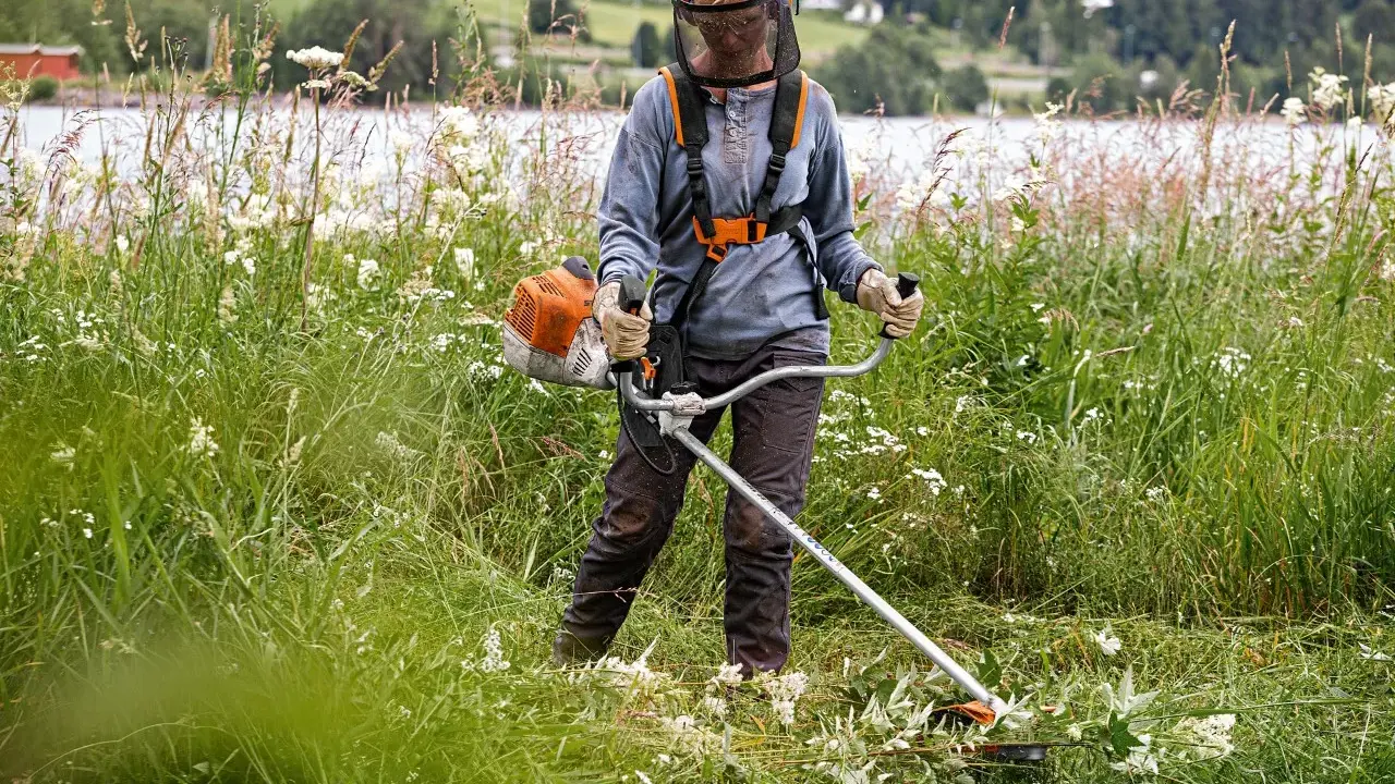 Persona con equipo de protección usa desbrozadora para cortar hierba alta, mostrando la diferencia entre desbrozadora y cortabordes en un paisaje rural.
