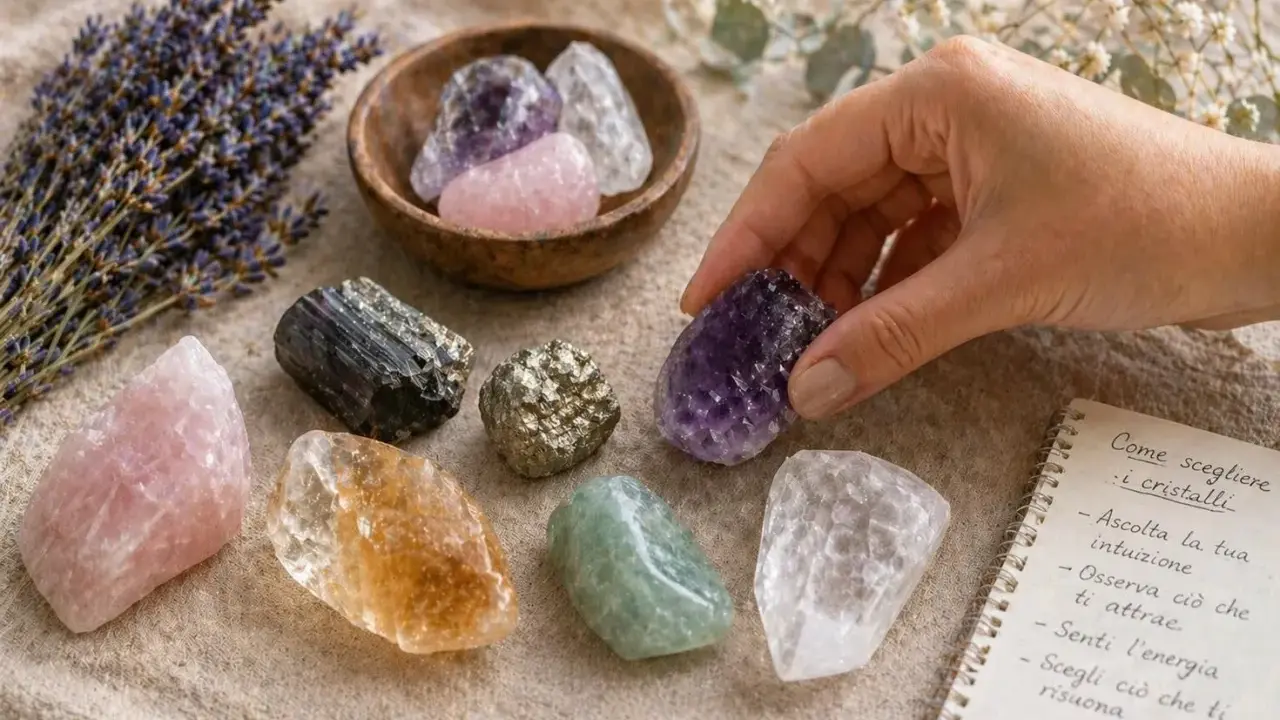 Mano sceglie un cristallo viola, circondato da quarzi di vari colori e lavanda. Il quarzo ha un profondo significato spirituale.