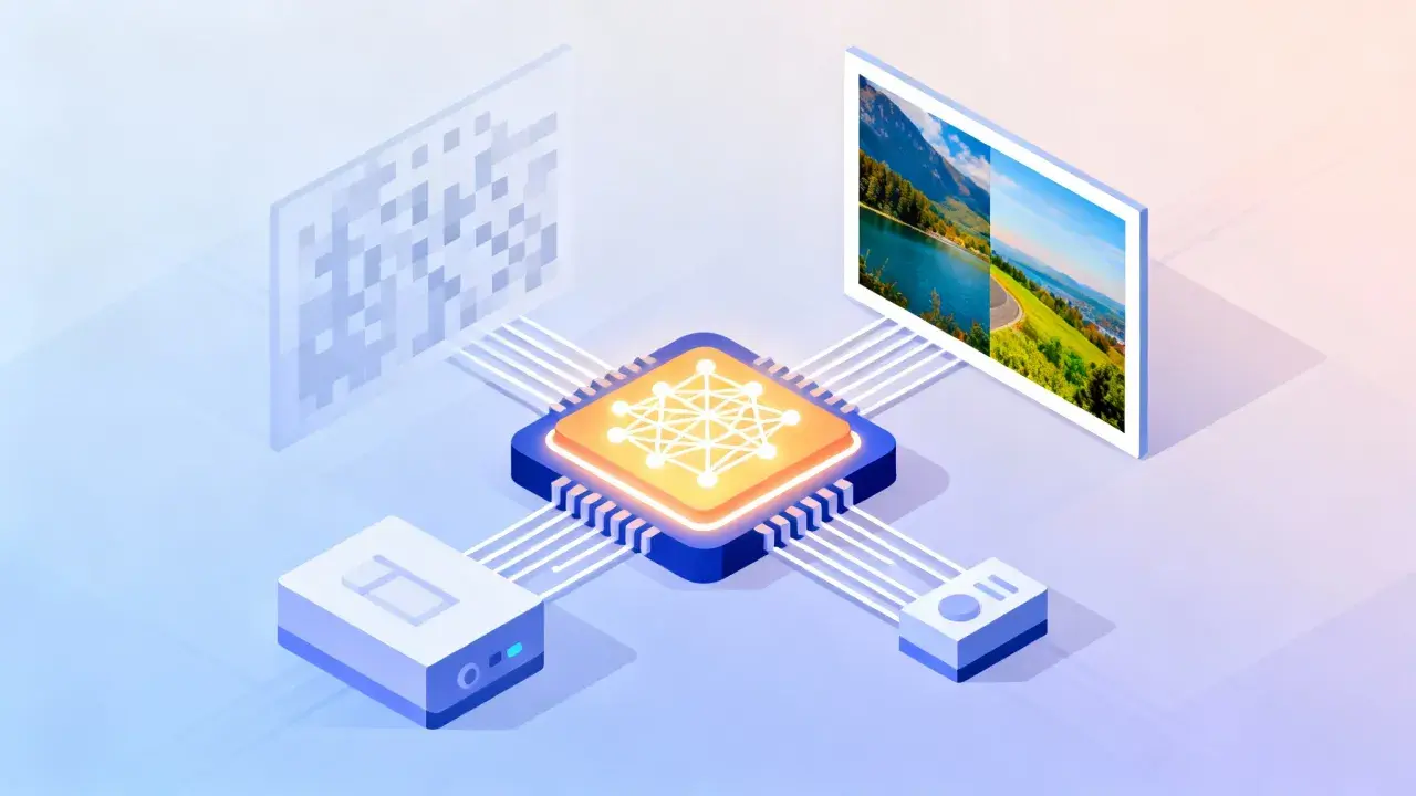 Procesamiento de datos para poner fondo negro a una foto. Un chip de IA procesa información de un código QR y genera una imagen con paisajes.