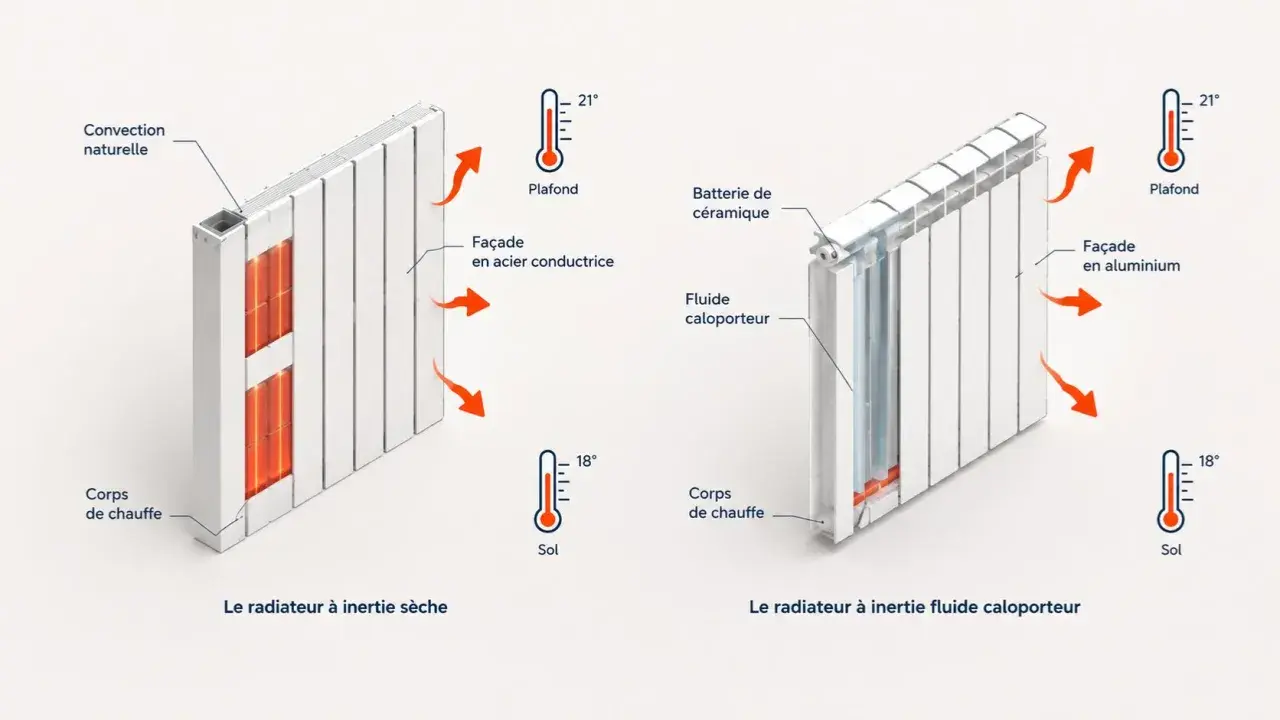 Comparaison de deux radiateurs électriques à inertie : l'un à inertie sèche avec façade en acier, l'autre à inertie fluide caloporteur avec façade en aluminium.