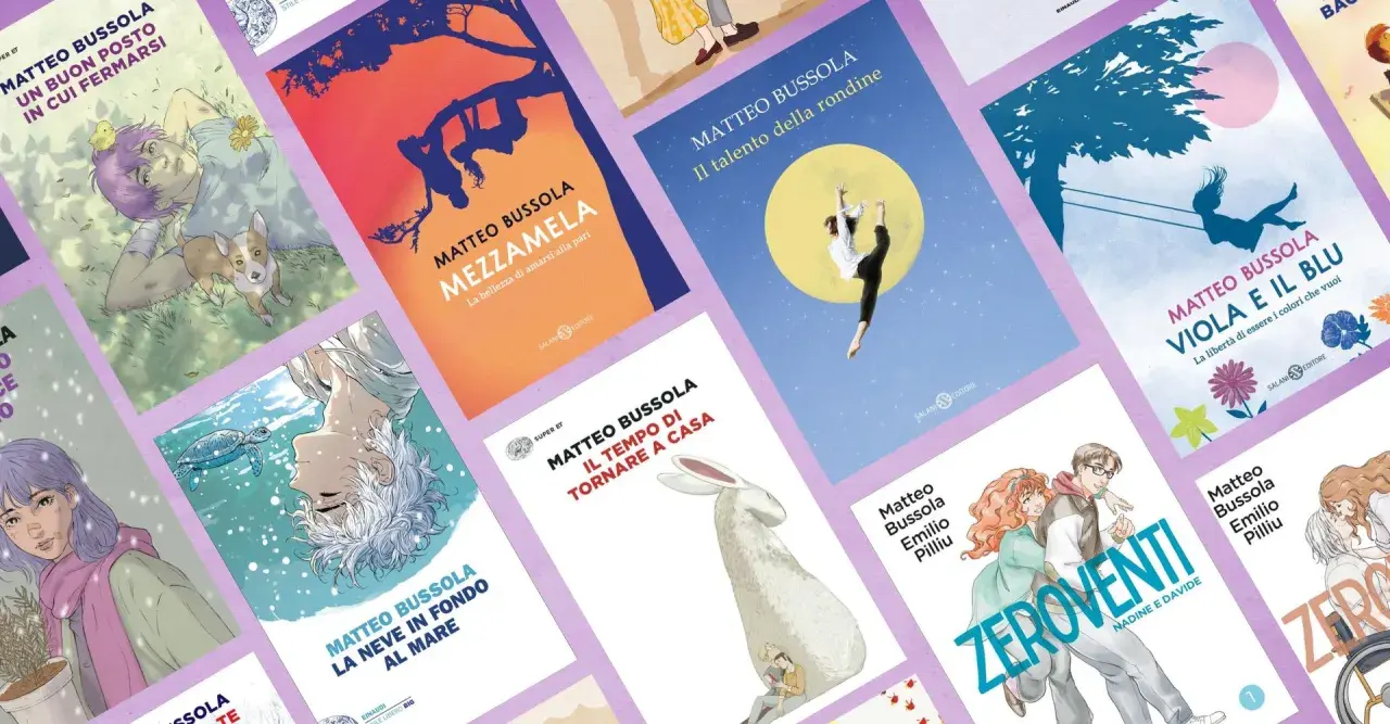 Copertine di libri di Matteo Bussola: "Un buon posto in cui fermarsi", "Mezzamela", "Il talento della rondine", "Viola e il blu", "La neve in fondo al mare", "Il tempo di tornare a casa" e "Zeroventi".
