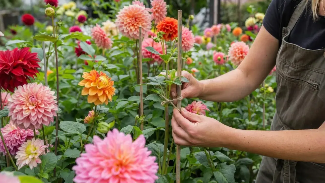 Un jardinier attache une tige de dahlia en pot. Des fleurs aux couleurs vives, roses, oranges et rouges, parsèment le parterre.