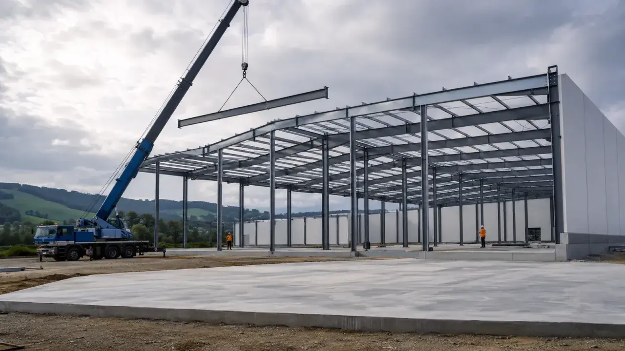 Grúa instala viga en estructura metálica de nave industrial. El diseño de naves industriales avanza con la colocación de elementos clave.