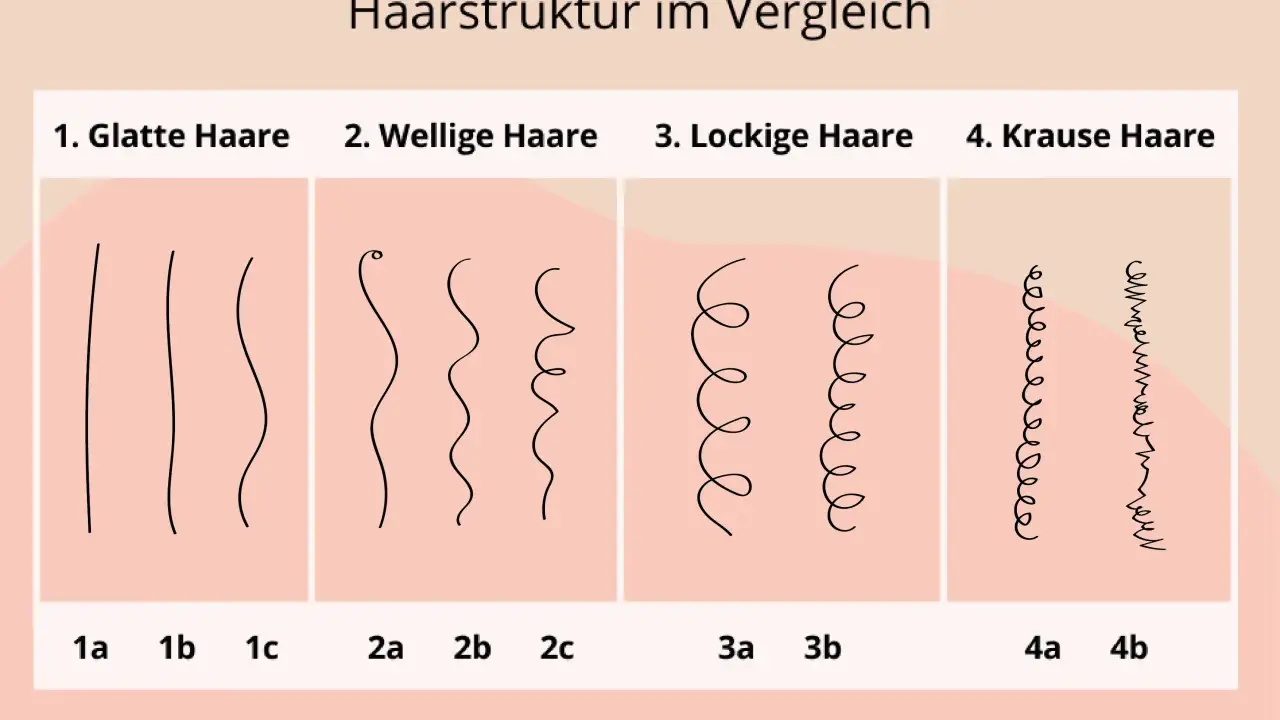 Vergleich von Haartypen: glatt, wellig, lockig und kraus. Hilft, den eigenen haartyp bestimmen.