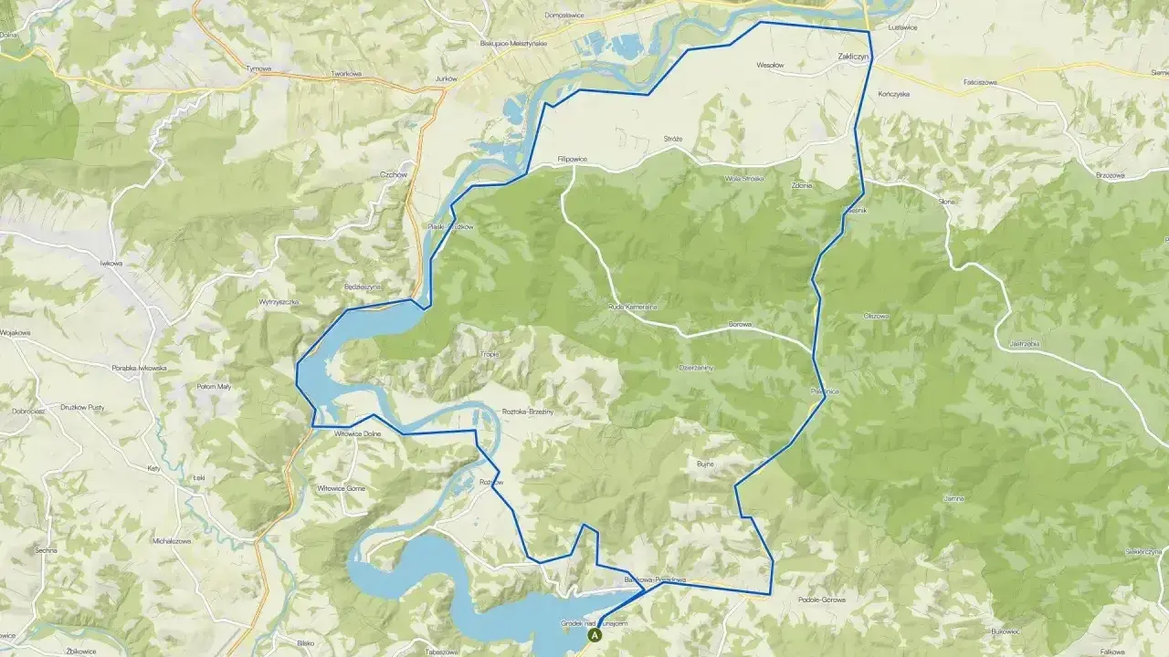 Mapa z zaznaczonymi trasami rowerowymi wokół Jeziora Rożnowskiego.