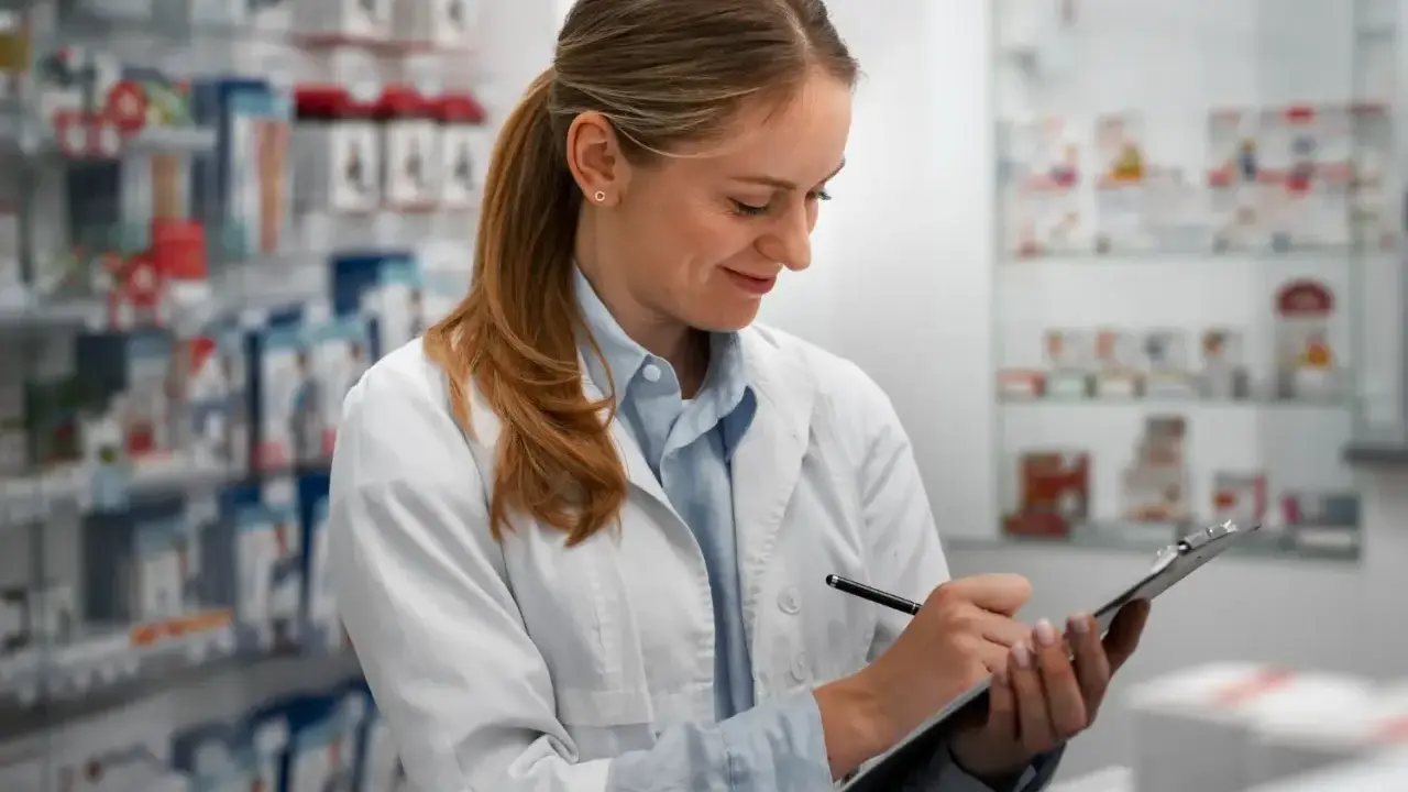 Farmaceutka w białym fartuchu notuje na tablicy, przygotowując receptę farmaceutyczną.
