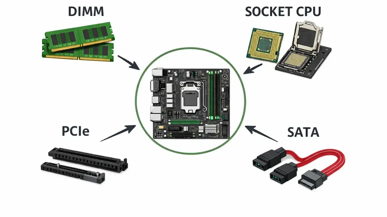 Composants d'un PC : carte mère, RAM (DIMM), processeur (Socket CPU), cartes d'extension (PCIe) et câbles de stockage (SATA). La taille carte mere est centrale.
