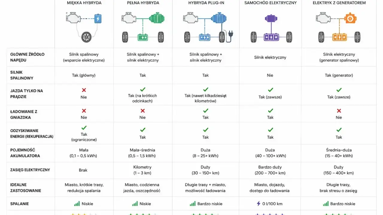 Porównanie MHEV, HEV, PHEV, BEV i REX/EREV: kluczowe różnice w napędzie, zasięgu i spalaniu.