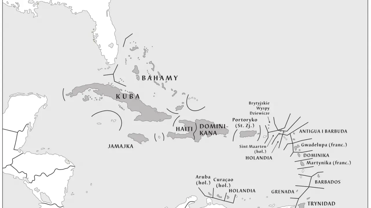 Mapa Karaibów, gdzie leżą m.in. Kuba, Bahamy, Jamajka, Haiti, Dominikana, Portoryko, Antigua i Barbuda, Gwadelupa, Martynika, Barbados, Trynidad i Tobago.