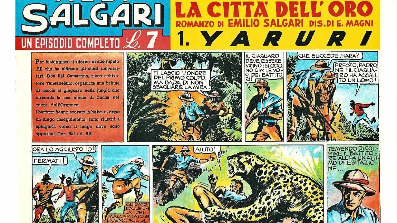 Fumetto "La Città dell'Oro" di Emilio Salgari: avventura nella giungla con caccia al giaguaro. Curiosità su Salgari e le sue storie.