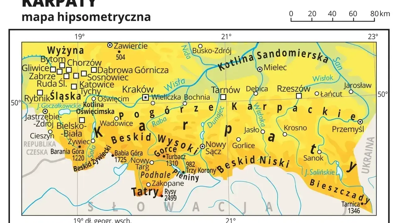 Mapa hipsometryczna **Karpat** **Polski** z zaznaczonymi pasmami górskimi, miastami i rzekami.
