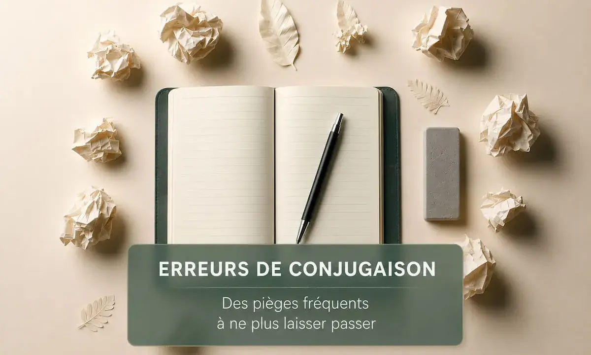 Un cahier ouvert avec un stylo, des boules de papier froissé et une gomme. Le texte indique "Erreurs de conjugaison", suggérant des pièges fréquents à éviter.