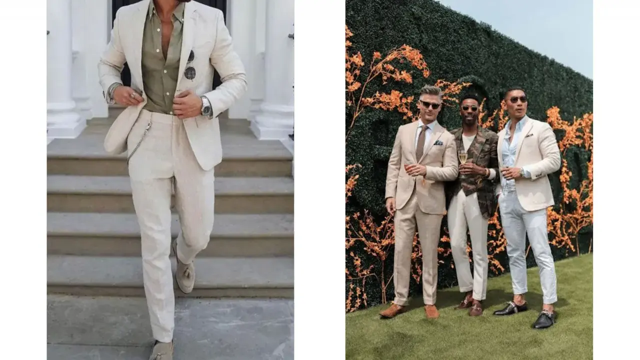 Men in light-colored suits showcase dressy casual wedding attire. One man wears a cream suit with a green shirt, while others sport tan suits and light trousers.