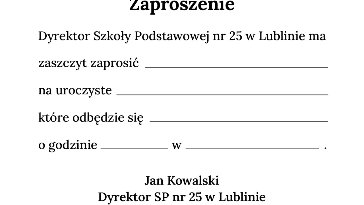 Zaproszenie dla delegacji z pracy tekst. Dyrektor SP nr 25 w Lublinie zaprasza na uroczyste wydarzenie.