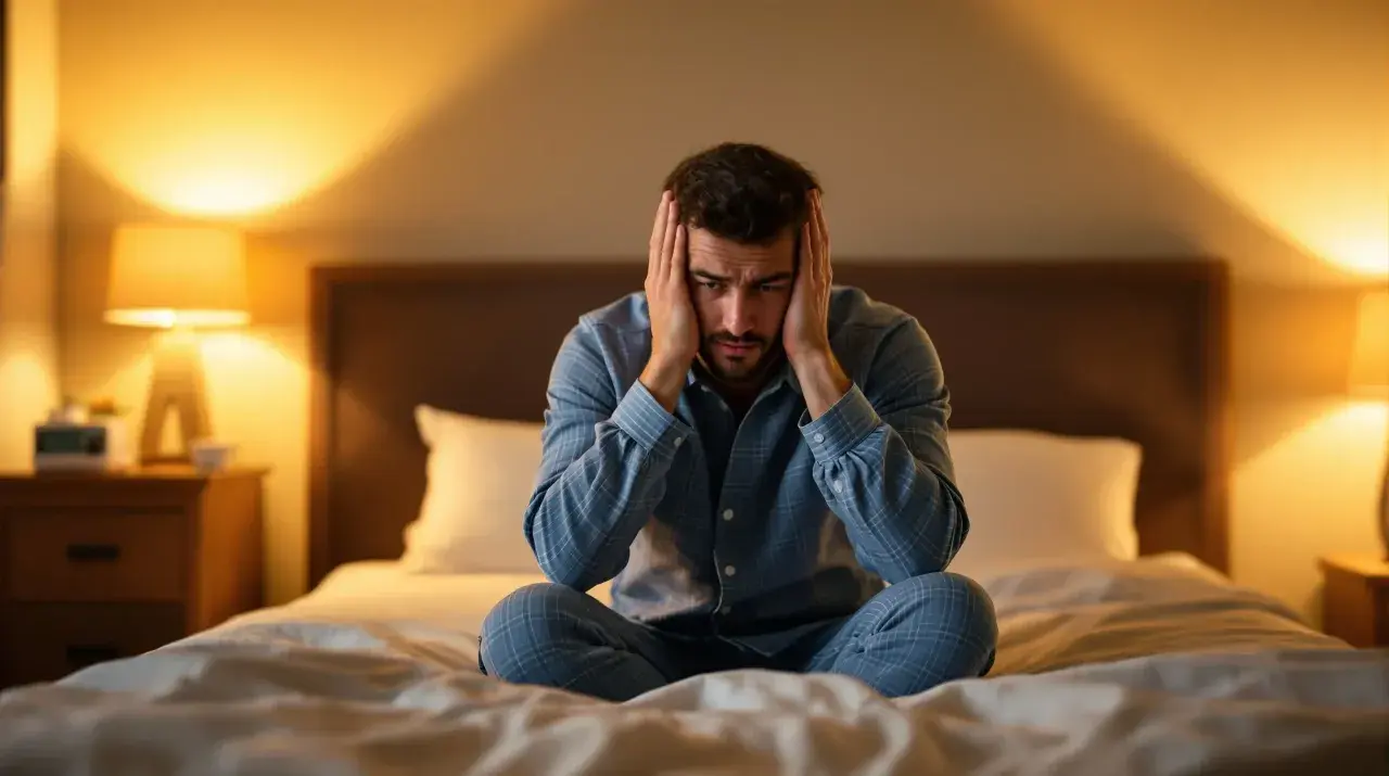 Uomo a letto con le mani sulle orecchie, sofferente per l'ansia da vicini rumorosi. La stanza è illuminata da luci soffuse.