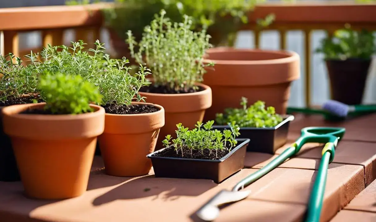 Plusieurs plants de thym en pot, prêts à être transplantés, sur un balcon ensoleillé. Des outils de jardinage sont à proximité.