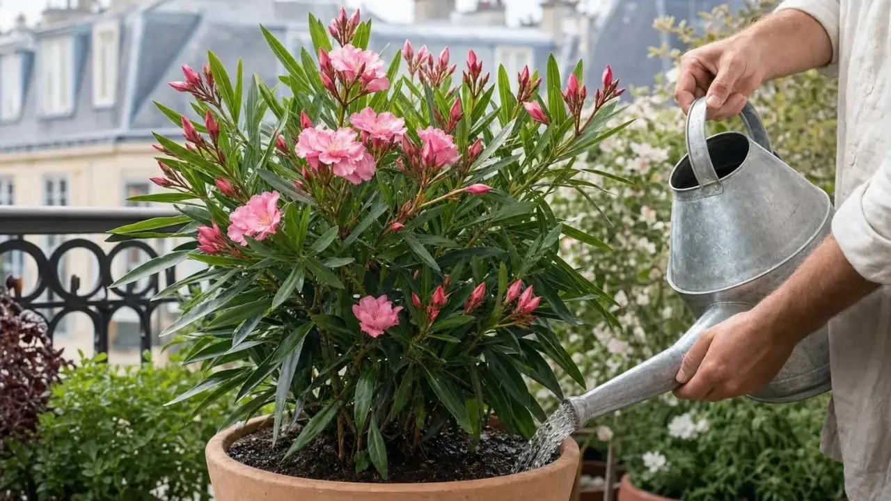 Un laurier rose en pleine floraison, arrosé par une main tenant un arrosoir. Un bon engrais pour laurier rose assure une telle beauté.
