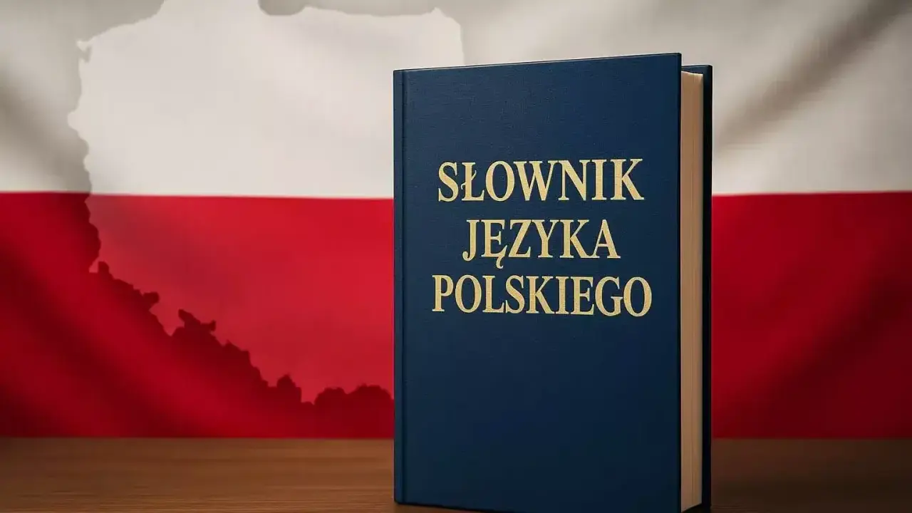 Słownik języka polskiego na tle flagi Polski. Poznaj zasady ortograficzne i wzbogacaj swoje słownictwo.