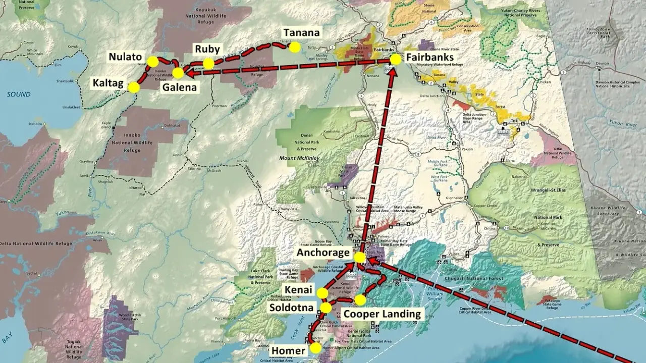 Trasa przez Alaskę: Nulato, Ruby, Galena, Fairbanks, Anchorage, Kenai, Soldotna, Cooper Landing, Homer. Gdzie jest Alaska? Tu!