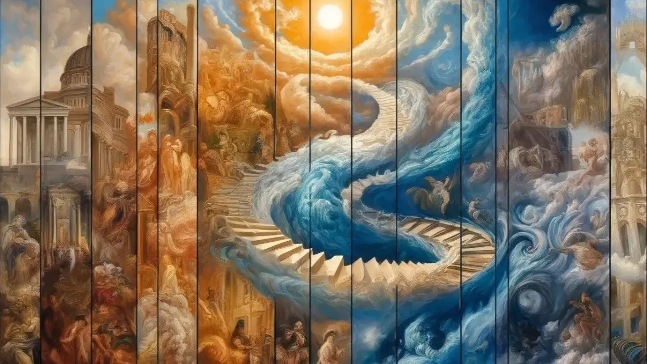 Eine surreale Reise durch die Zeit: Moderne Kunst zeigt antike Architektur, eine Himmelsleiter durch Wolken und stürmische Meere, die in himmlische Szenen übergehen.