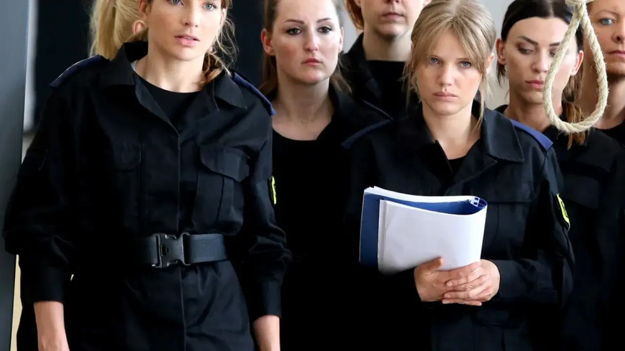 Grupa niebezpieczne kobiety w czarnych mundurach, jedna z nich trzyma teczkę, w tle sznur.
