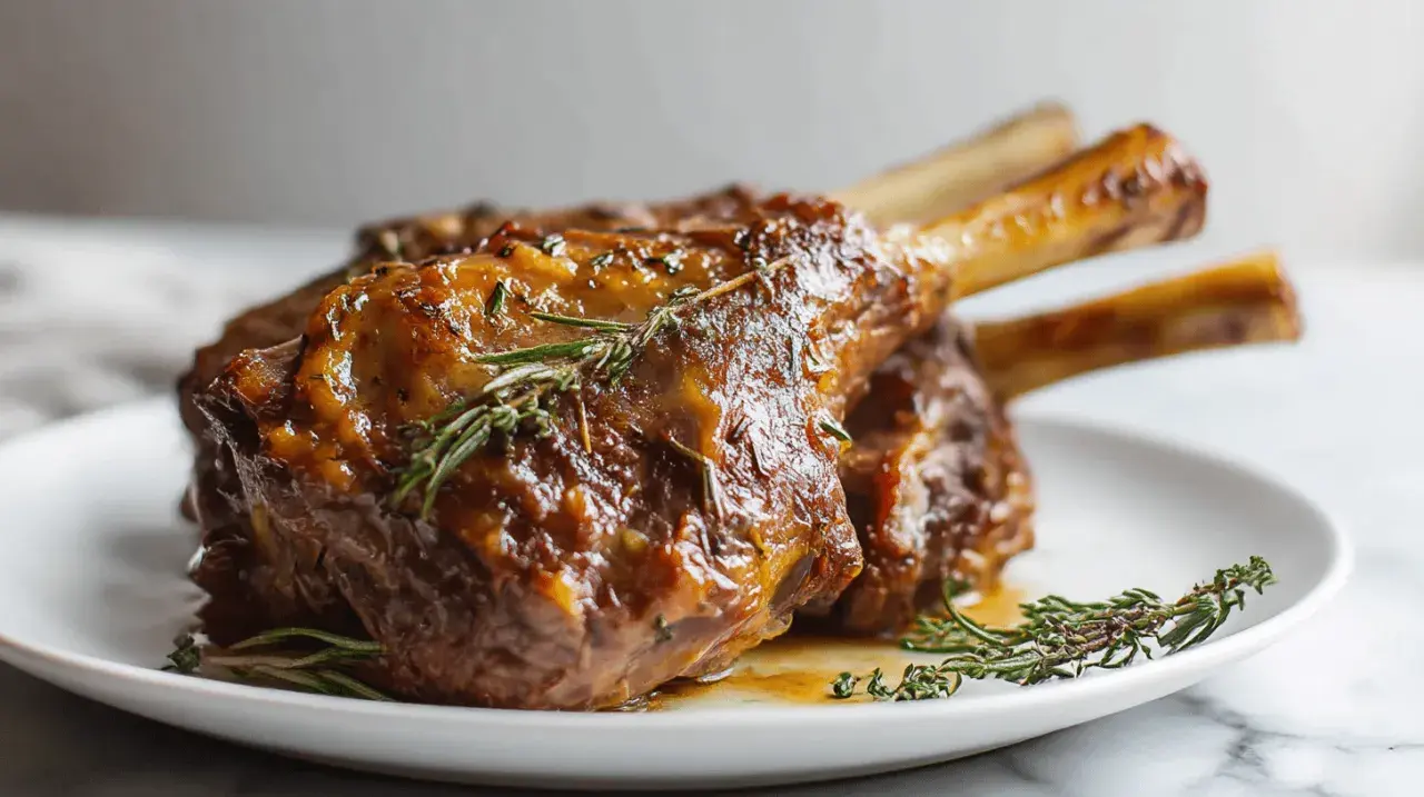Trois souris d'agneau braisées, nappées d'une sauce dorée et garnies de romarin frais, sur une assiette blanche.