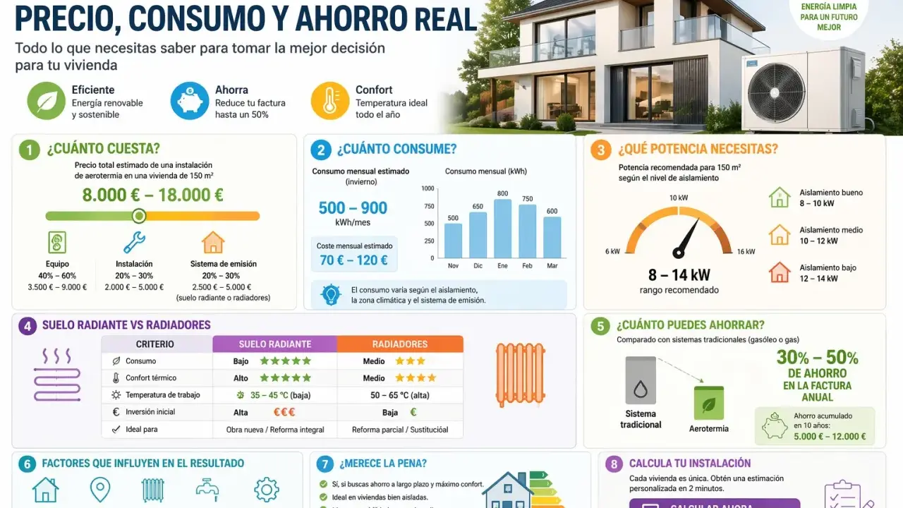 Infografía sobre aerotermia solar para una vivienda de 150 m², detallando precio, consumo, potencia y ahorro.
