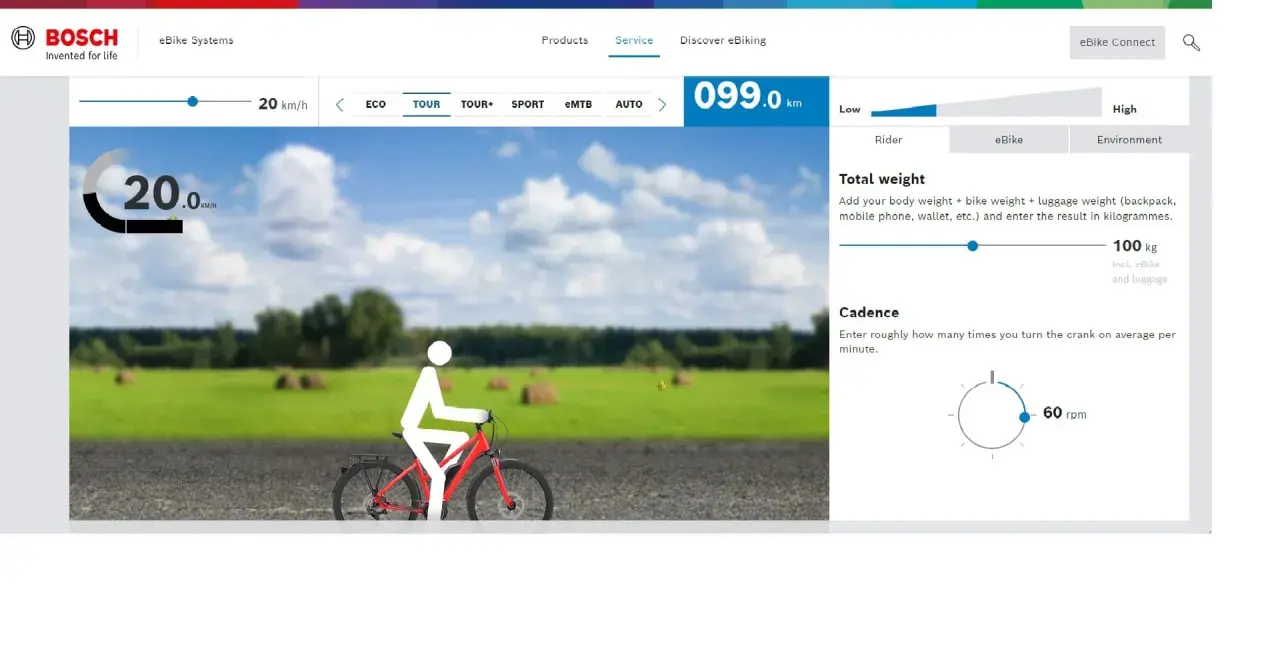 Symulator zasięgu roweru elektrycznego Bosch. Ustawienia: 20 km/h, 100 kg wagi, 60 rpm.