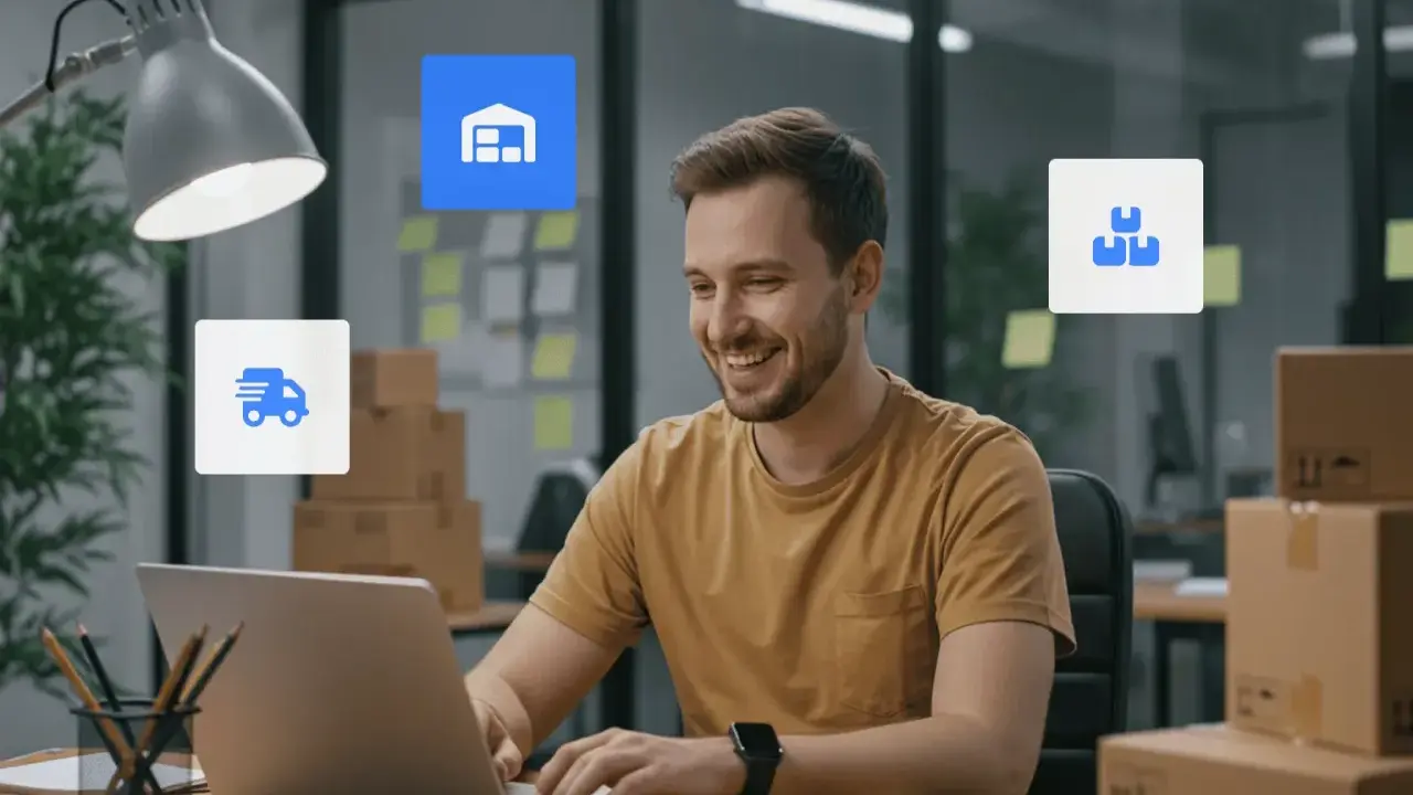 Uśmiechnięty mężczyzna pracuje przy laptopie, otoczony ikonami magazynu, dostawy i paczek. Baselinker connect ułatwia zarządzanie logistyką.