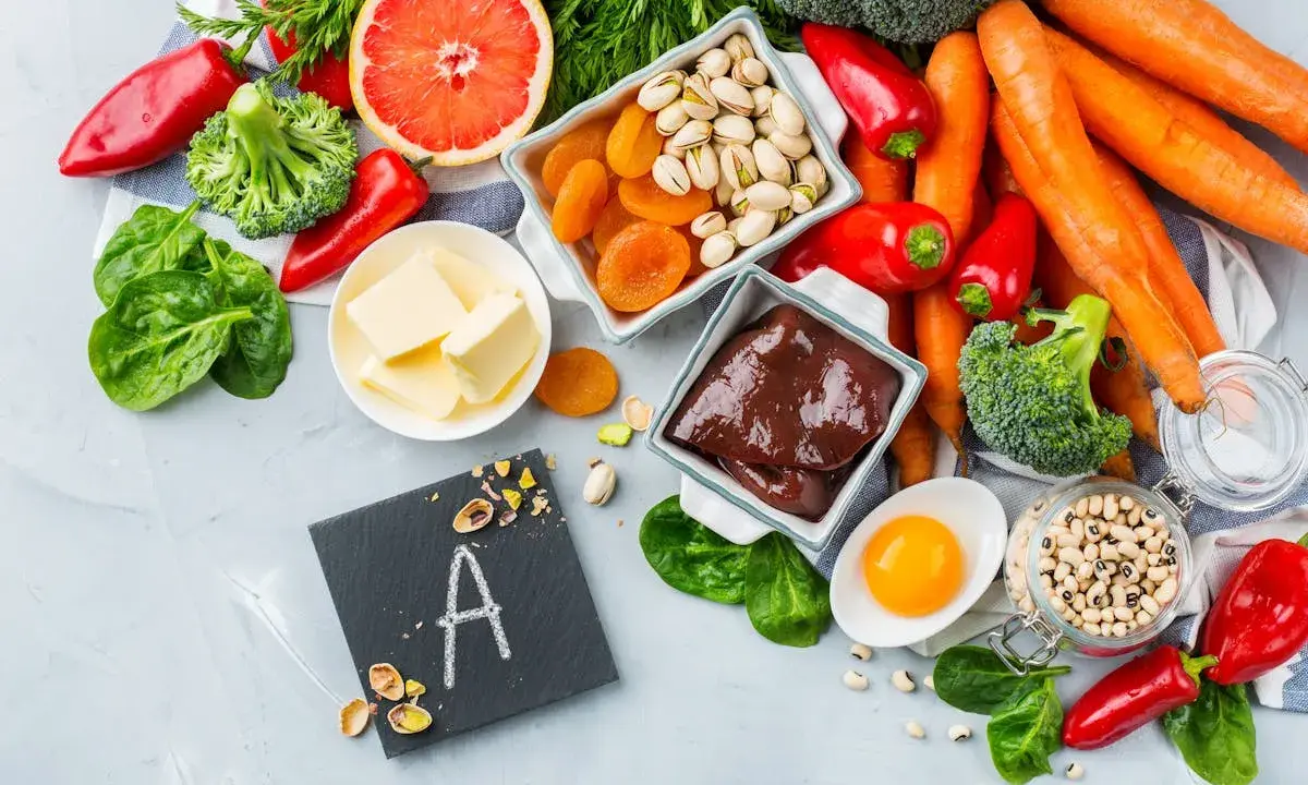 Assiette de foie, carottes, épinards, œufs, abricots secs, pistaches, poivrons rouges, brocolis, haricots blancs et beurre : des aliments riches en vitamine A.