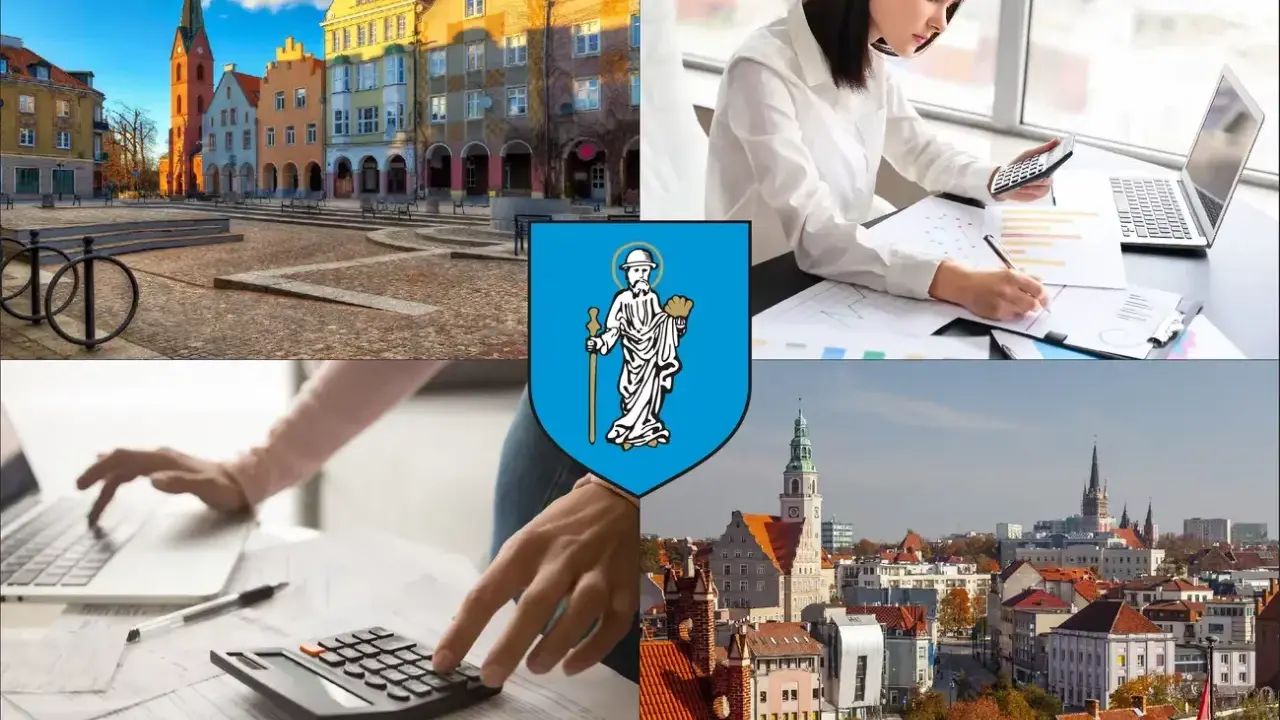 Kolaż: Rynek w Olsztynie, kobieta z kalkulatorem i laptopem, herb Olsztyna, panorama miasta.