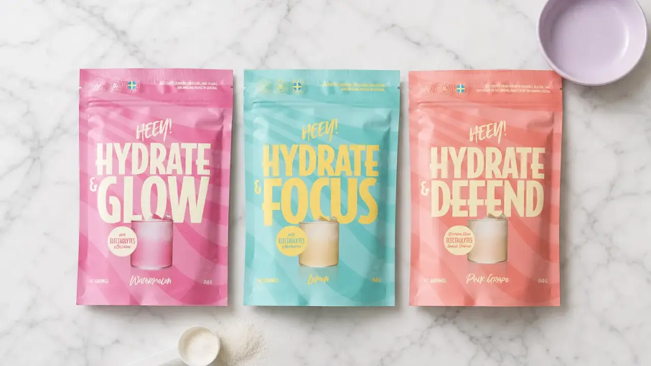 Tre påsar med pulver för elektrolytdryck: "Hydrate & Glow", "Hydrate & Focus" och "Hydrate & Defend". Perfekt som dricka vid magsjuka för att återställa vätskebalansen.