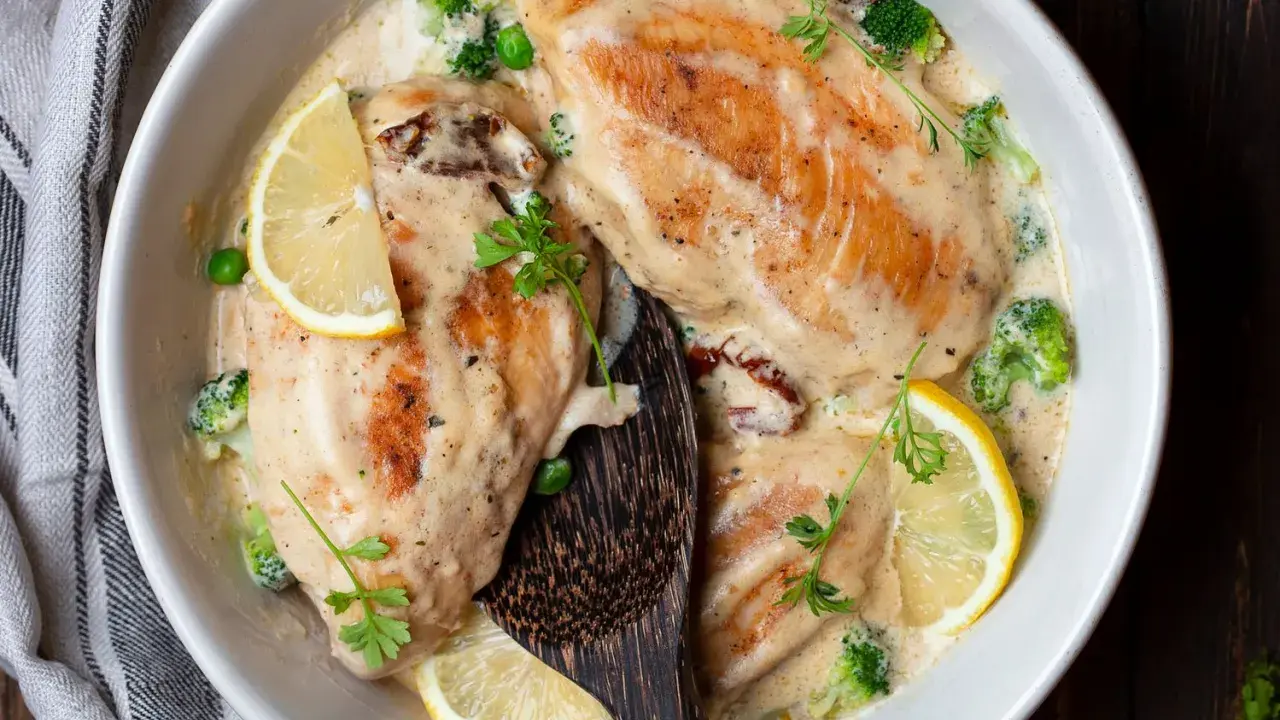 Deliziose scaloppine al vino bianco in una cremosa salsa, guarnite con limone, broccoli e piselli. Un piatto invitante e saporito.