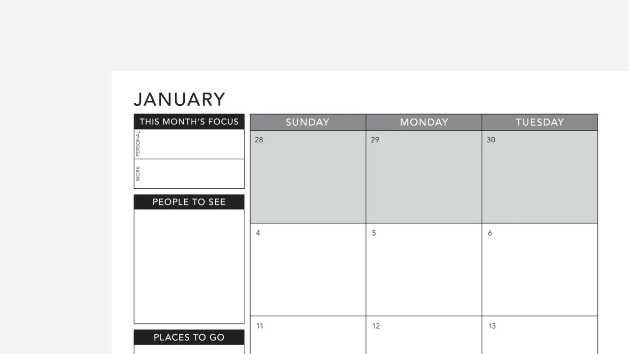 Calendrier de janvier avec sections pour les objectifs, les personnes à voir et les lieux à visiter. Une application agenda gratuite pour organiser votre mois.